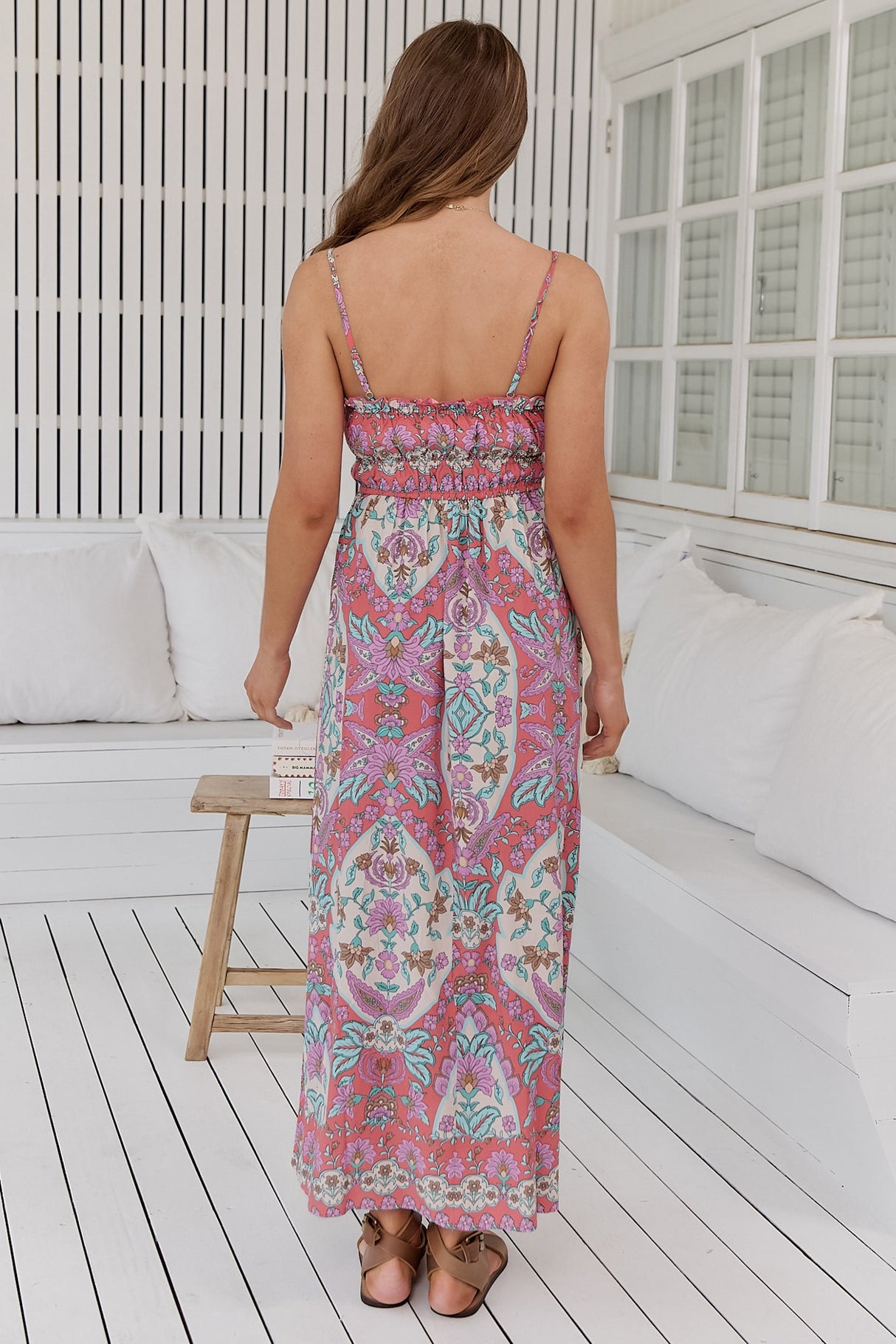 JAASE - Cleo Maxi Dress: Ruched Bodice Frill Neckline Elasticated Waist Sun Dress in Daiquiri Print