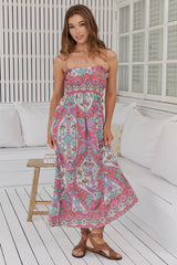 JAASE - Cleo Maxi Dress: Ruched Bodice Frill Neckline Elasticated Waist Sun Dress in Daiquiri Print