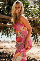 JAASE - Cleo Maxi Dress: Ruched Bodice Frill Neckline Elasticated Waist Sun Dress in Viva Bonita Print