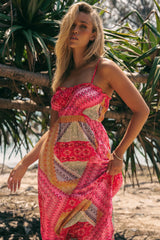 JAASE - Cleo Maxi Dress: Ruched Bodice Frill Neckline Elasticated Waist Sun Dress in Viva Bonita Print