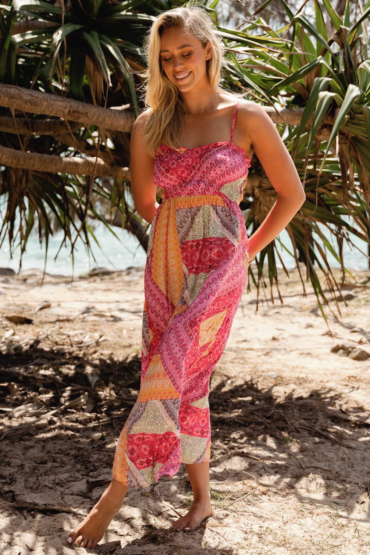 JAASE - Cleo Maxi Dress: Ruched Bodice Frill Neckline Elasticated Waist Sun Dress in Viva Bonita Print