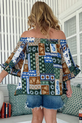 JAASE - Clover Top: Elasticated Off the Shoulder Crochet Trim Sleeves Top in Emerald Cove Print