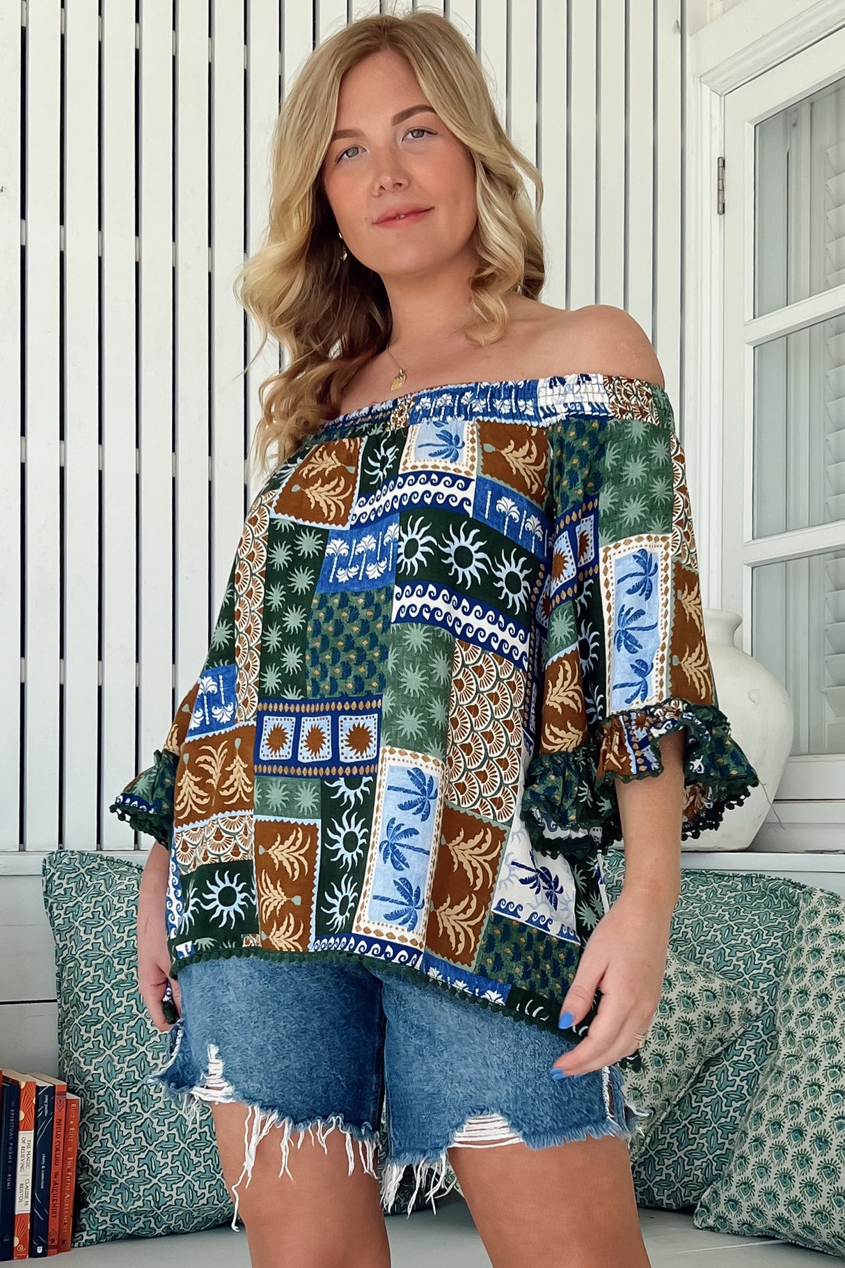 JAASE - Clover Top: Elasticated Off the Shoulder Crochet Trim Sleeves Top in Emerald Cove Print