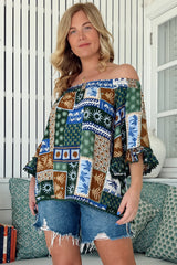 JAASE - Clover Top: Elasticated Off the Shoulder Crochet Trim Sleeves Top in Emerald Cove Print