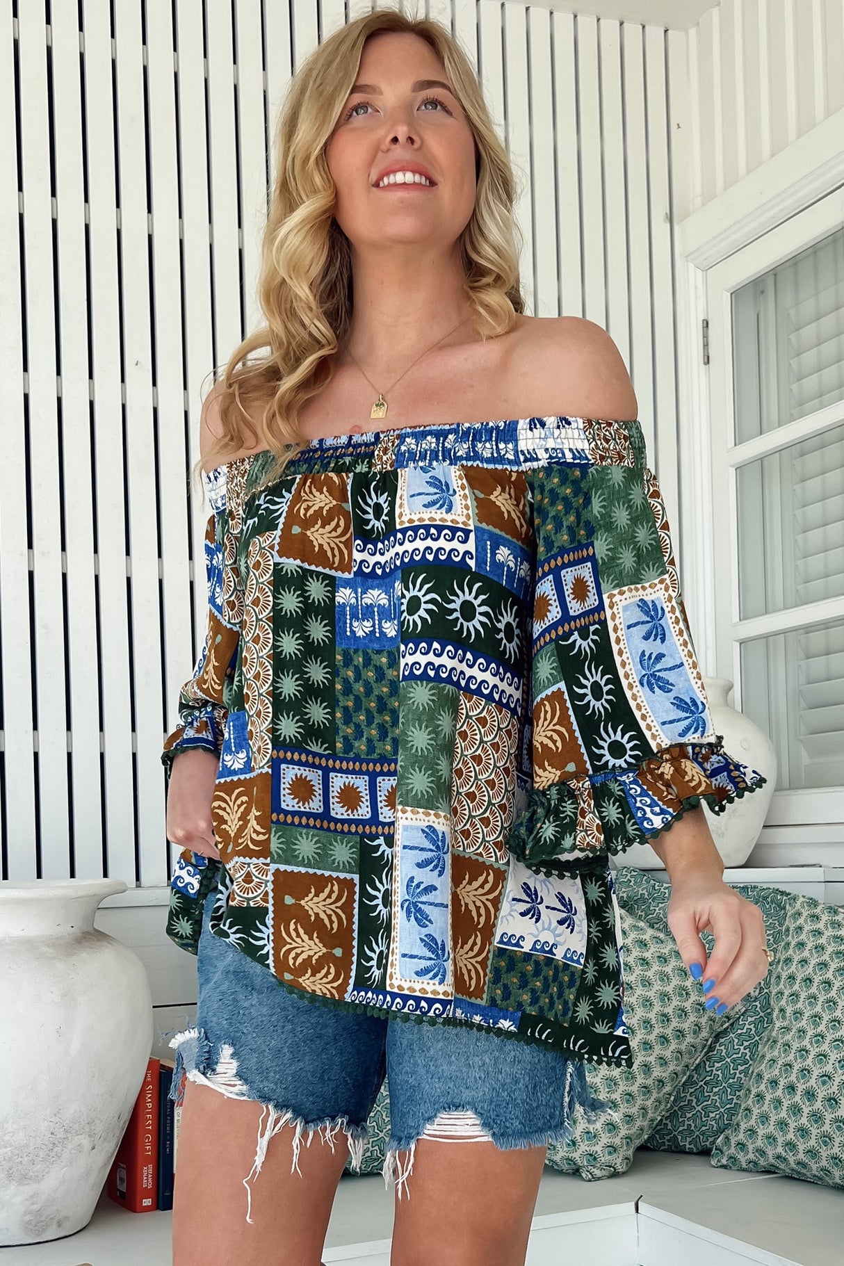 JAASE - Clover Top: Elasticated Off the Shoulder Crochet Trim Sleeves Top in Emerald Cove Print