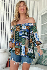 JAASE - Clover Top: Elasticated Off the Shoulder Crochet Trim Sleeves Top in Emerald Cove Print
