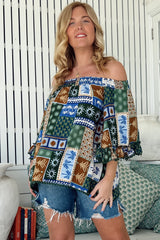 JAASE - Clover Top: Elasticated Off the Shoulder Crochet Trim Sleeves Top in Emerald Cove Print