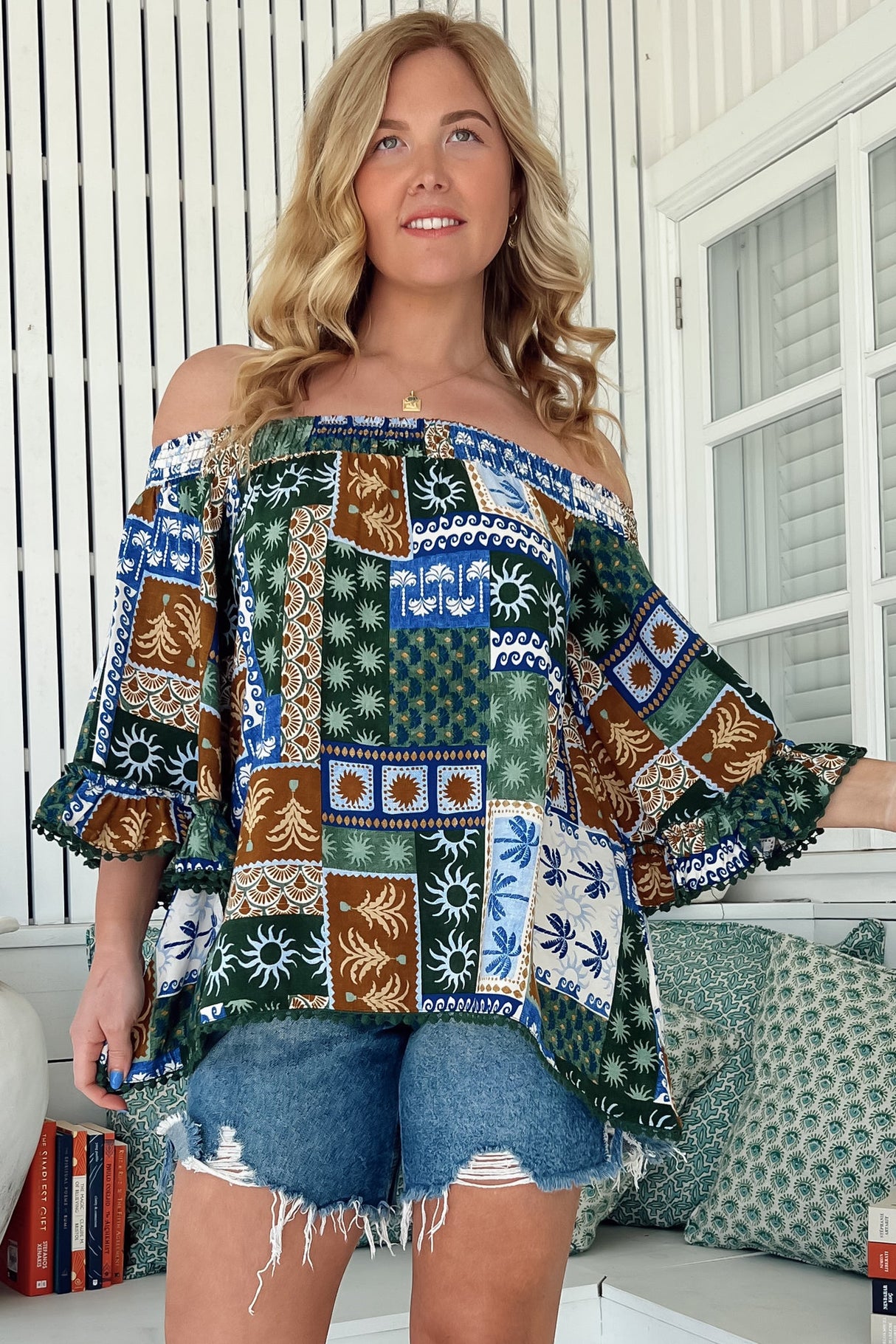 JAASE - Clover Top: Elasticated Off the Shoulder Crochet Trim Sleeves Top in Emerald Cove Print