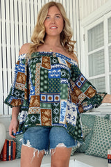 JAASE - Clover Top: Elasticated Off the Shoulder Crochet Trim Sleeves Top in Emerald Cove Print