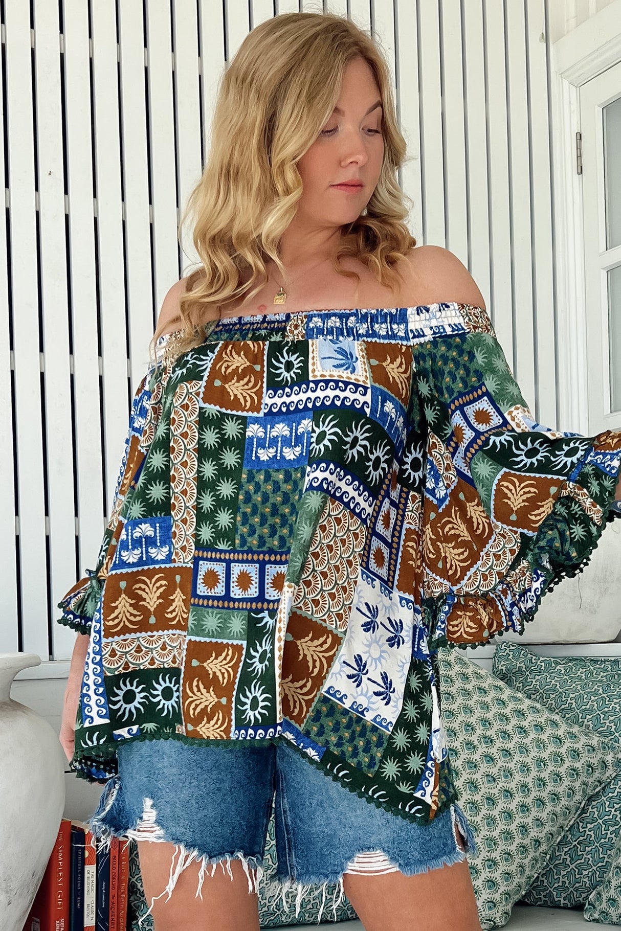 JAASE - Clover Top: Elasticated Off the Shoulder Crochet Trim Sleeves Top in Emerald Cove Print