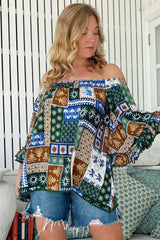 JAASE - Clover Top: Elasticated Off the Shoulder Crochet Trim Sleeves Top in Emerald Cove Print