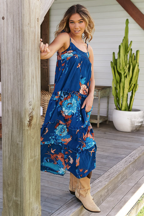 JAASE - Cognac Maxi Dress: Adjustable Straps Sun Dress in Floral Carnival Print