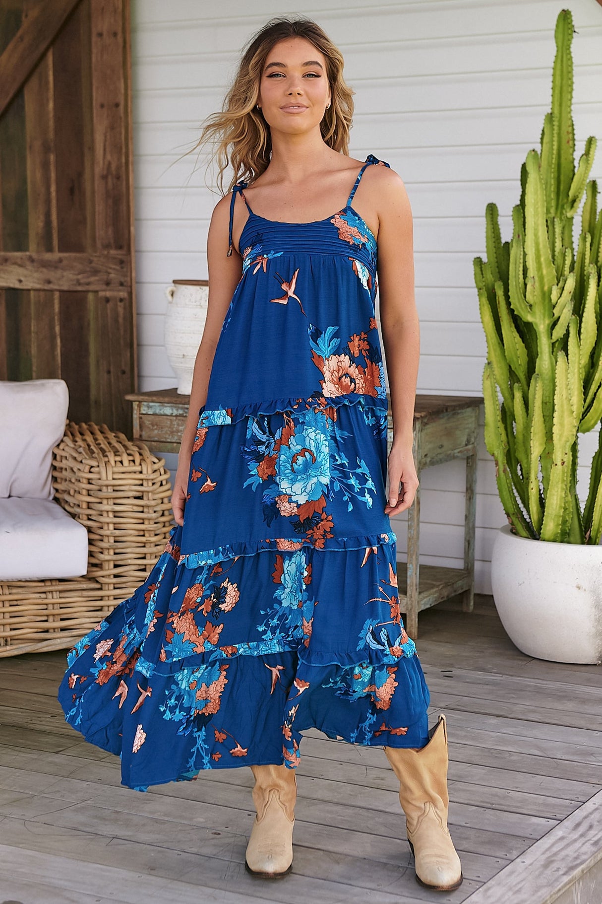 JAASE - Cognac Maxi Dress: Adjustable Straps Sun Dress in Floral Carnival Print