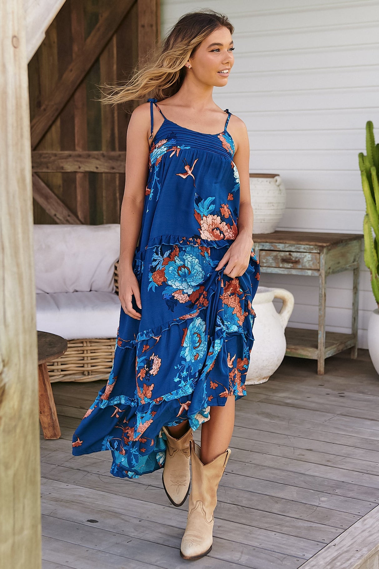 JAASE - Cognac Maxi Dress: Adjustable Straps Sun Dress in Floral Carnival Print