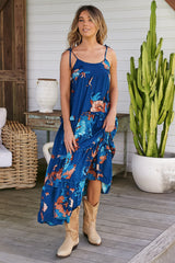 JAASE - Cognac Maxi Dress: Adjustable Straps Sun Dress in Floral Carnival Print