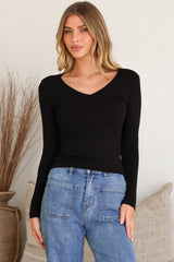 Cohen Top - Soft V Neck Stretchy Basic Top with Long Sleeves in Black