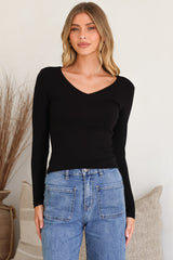 Cohen Top - Soft V Neck Stretchy Basic Top with Long Sleeves in Black
