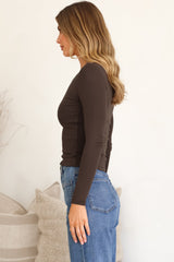 Cohen Top - Soft V Neck Stretchy Basic Top with Long Sleeves in Chocolate