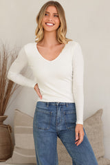 Cohen Top - Soft V Neck Stretchy Basic Top with Long Sleeves in White