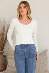 Cohen Top - Soft V Neck Stretchy Basic Top with Long Sleeves in White