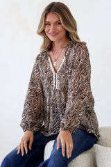 Collins Blouse - Frill Mandarin Collar Pull Over Blouse in Zebra Print