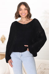 Connie Jumper - Open Knit V Neck Jumper in Black