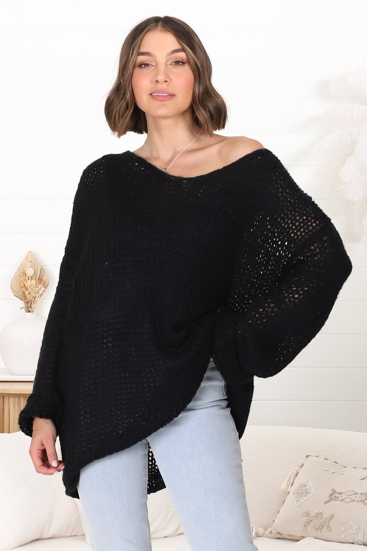 Connie Jumper - Open Knit V Neck Jumper in Black