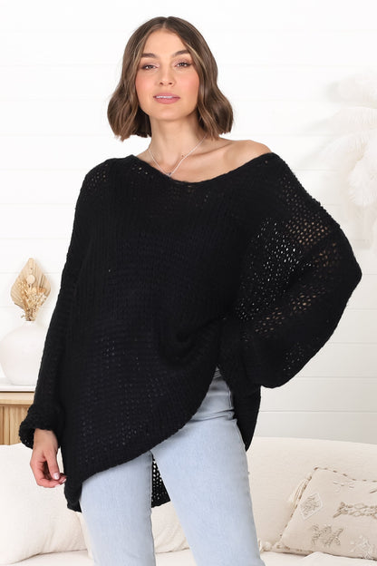 Connie Jumper - Open Knit V Neck Jumper in Black