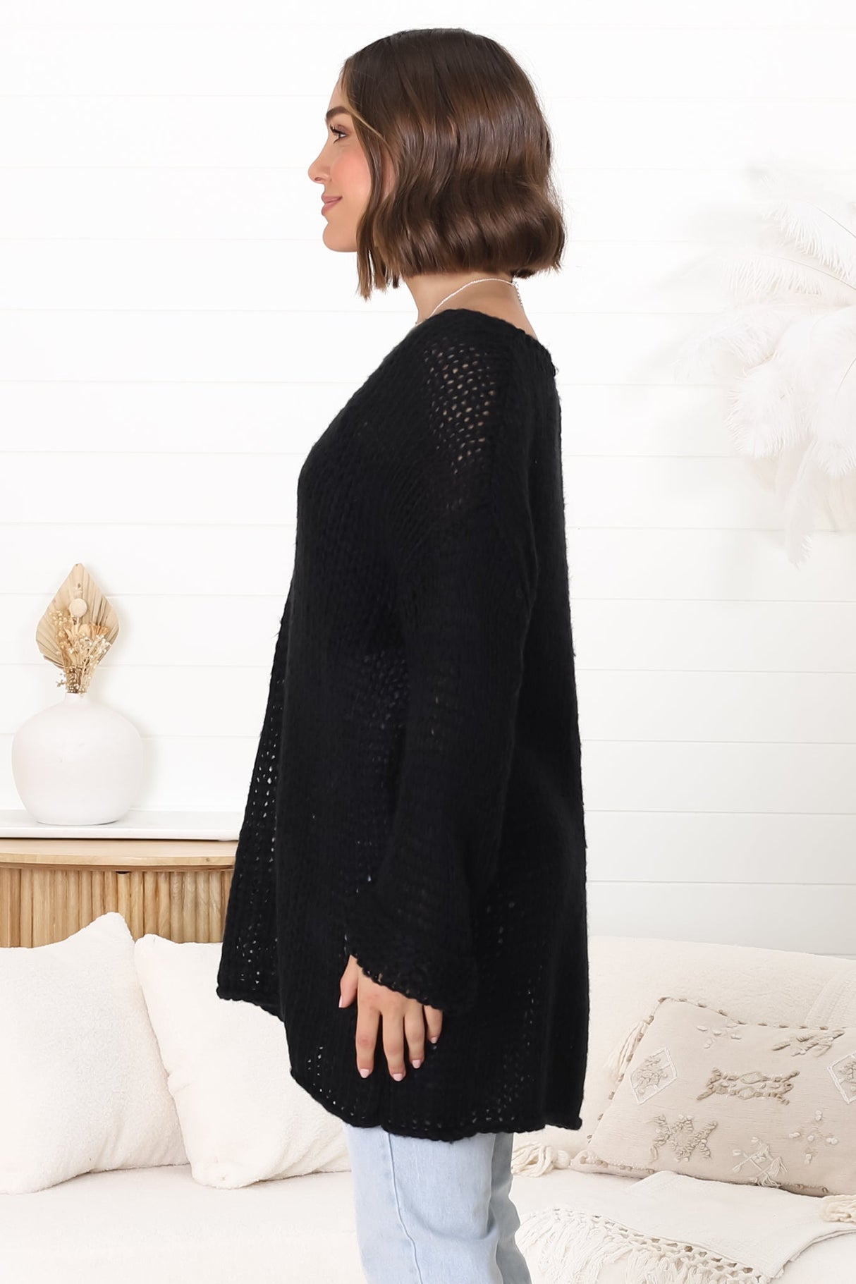 Connie Jumper - Open Knit V Neck Jumper in Black