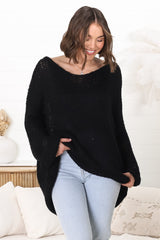 Connie Jumper - Open Knit V Neck Jumper in Black