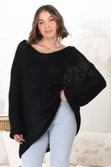 Connie Jumper - Open Knit V Neck Jumper in Black