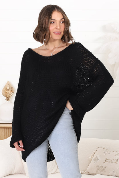 Connie Jumper - Open Knit V Neck Jumper in Black