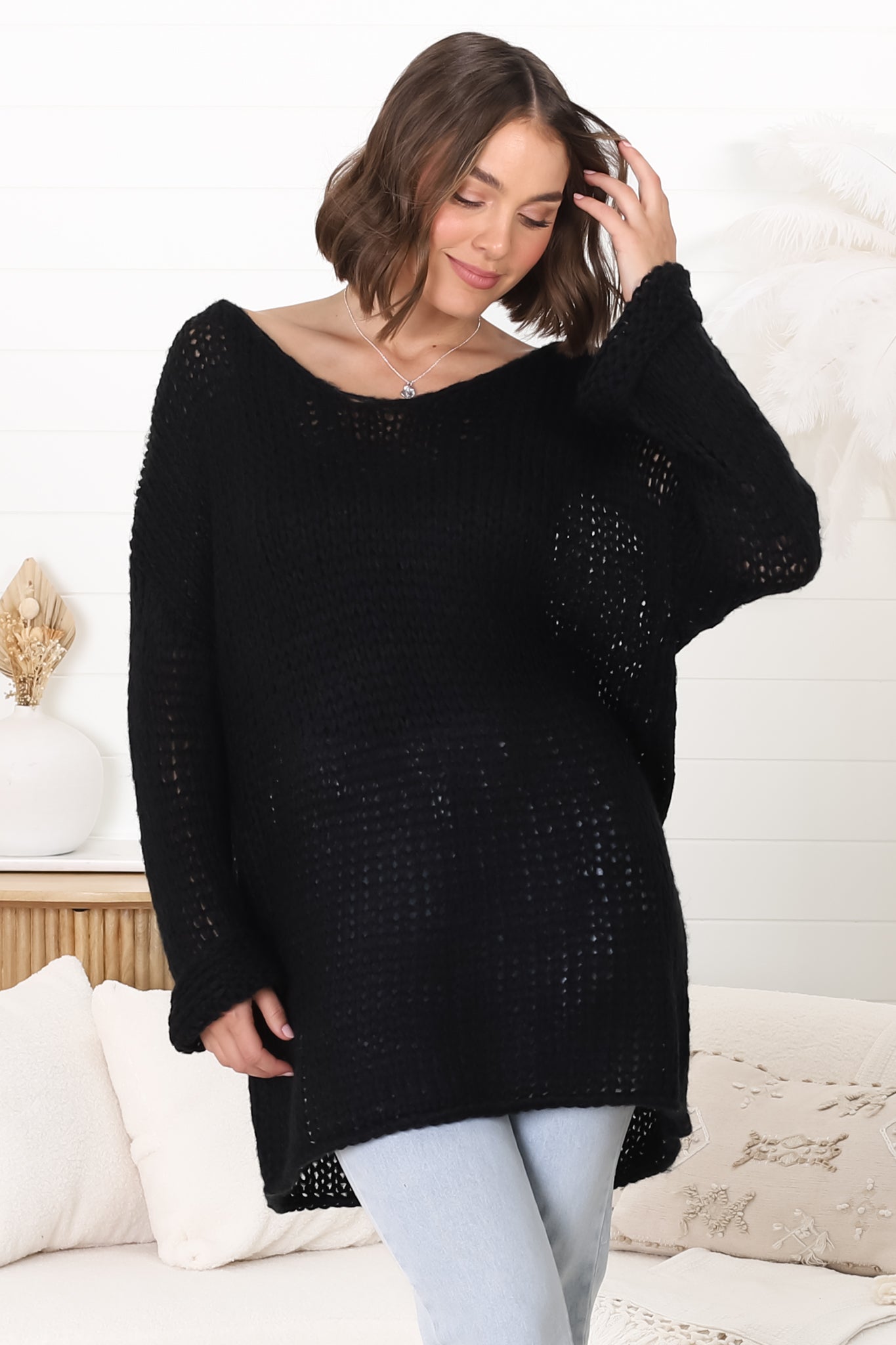 Connie Jumper - Open Knit V Neck Jumper in Black