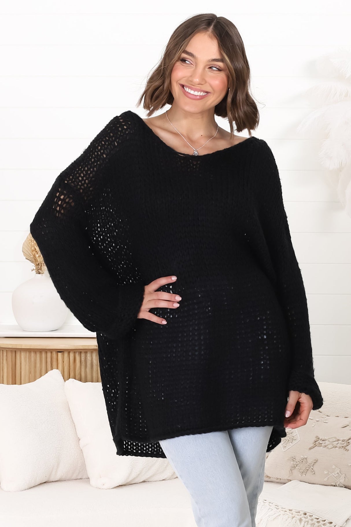 Connie Jumper - Open Knit V Neck Jumper in Black