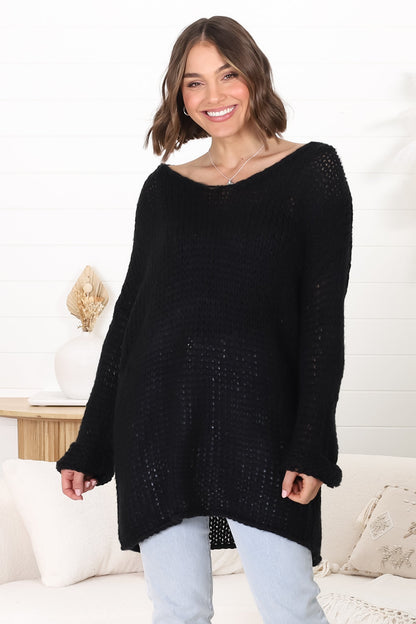 Connie Jumper - Open Knit V Neck Jumper in Black