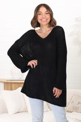 Connie Jumper - Open Knit V Neck Jumper in Black