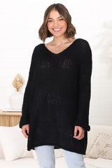 Connie Jumper - Open Knit V Neck Jumper in Black