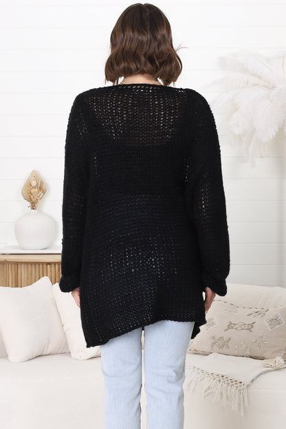 Connie Jumper - Open Knit V Neck Jumper in Black