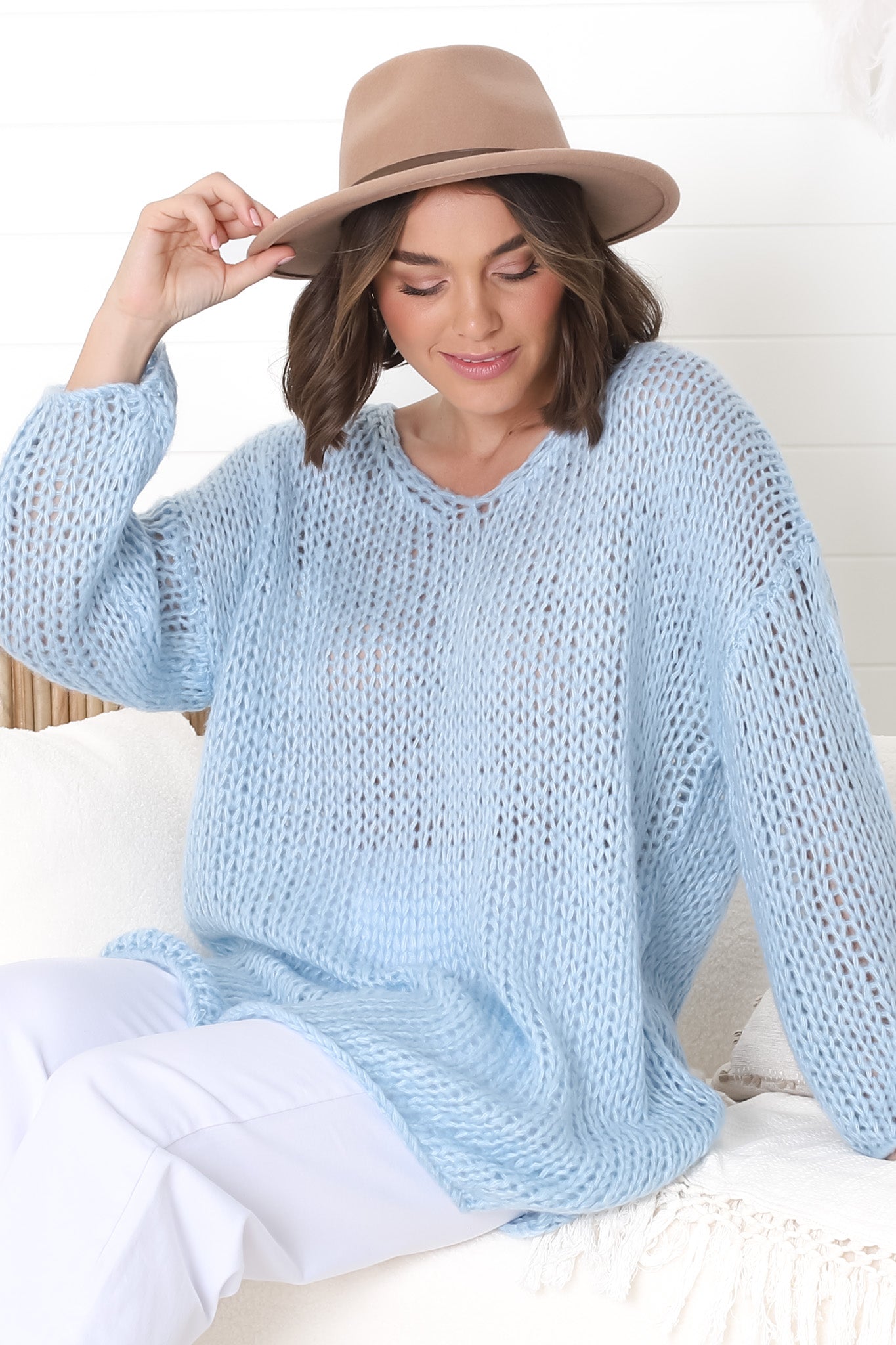 Connie Jumper - Open Knit V Neck Jumper in Blue