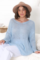 Connie Jumper - Open Knit V Neck Jumper in Blue