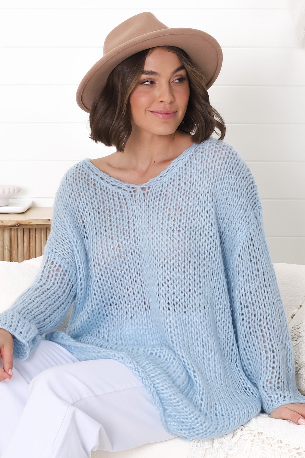 Connie Jumper - Open Knit V Neck Jumper in Blue