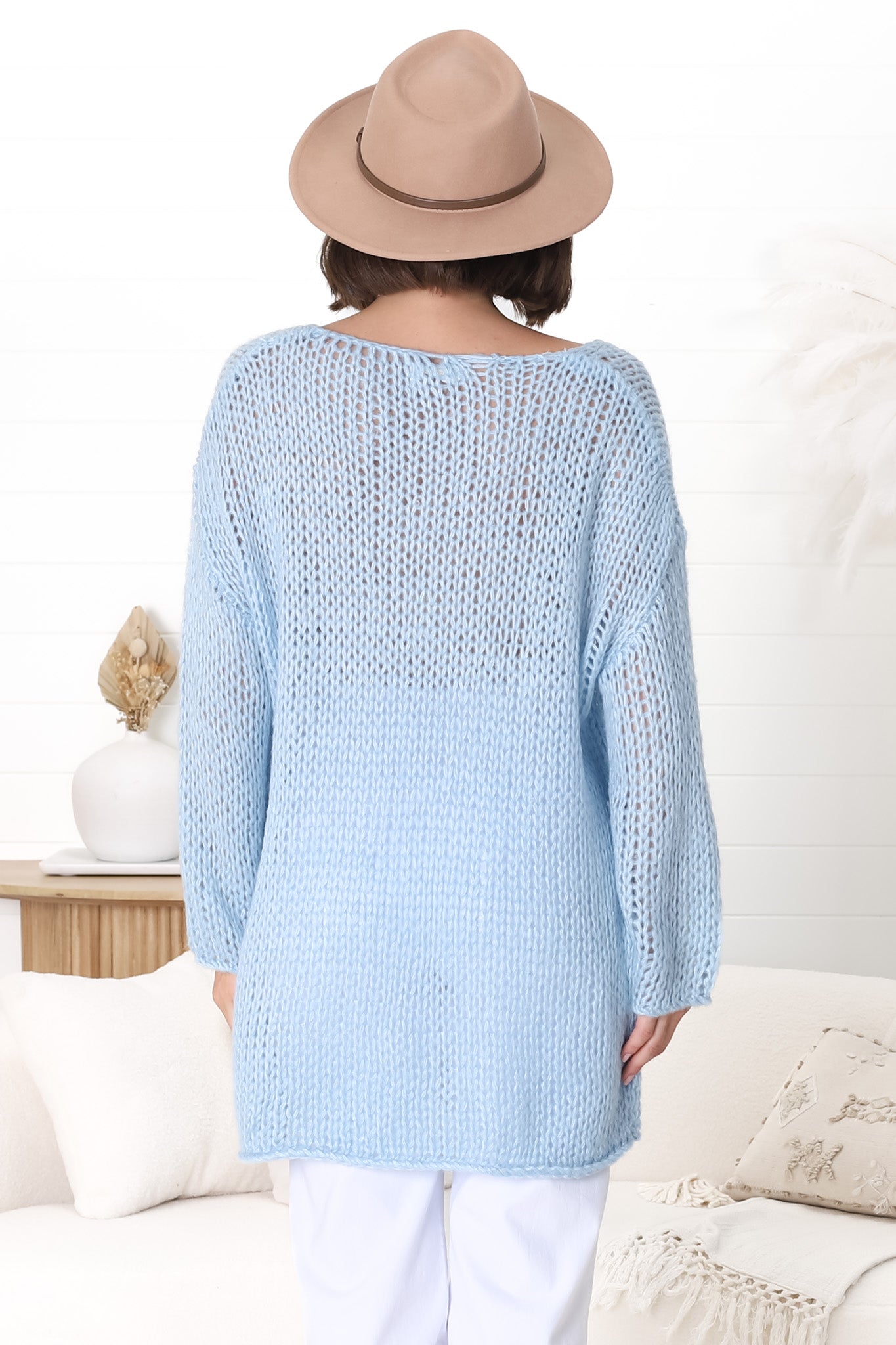 Connie Jumper - Open Knit V Neck Jumper in Blue