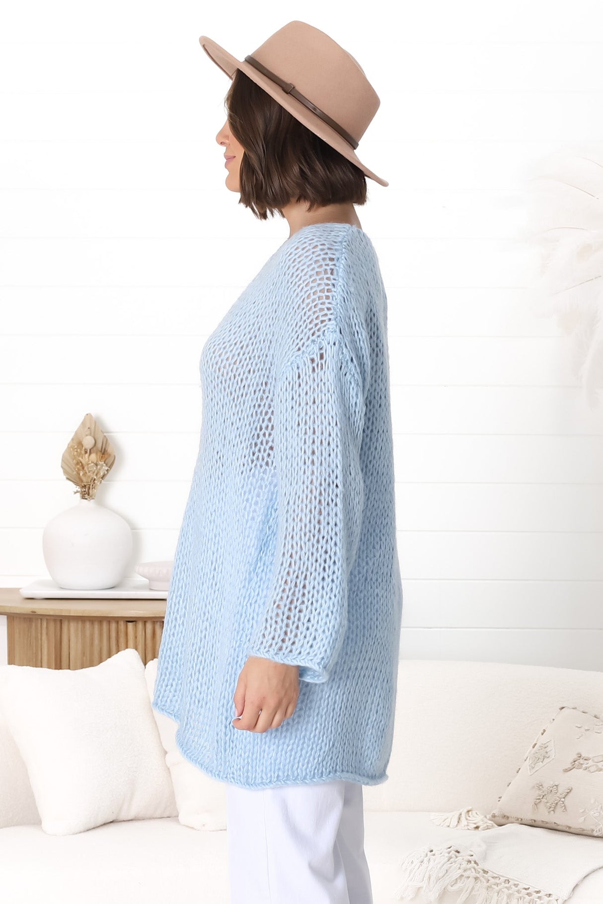 Connie Jumper - Open Knit V Neck Jumper in Blue