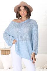 Connie Jumper - Open Knit V Neck Jumper in Blue