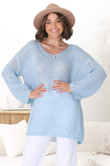 Connie Jumper - Open Knit V Neck Jumper in Blue