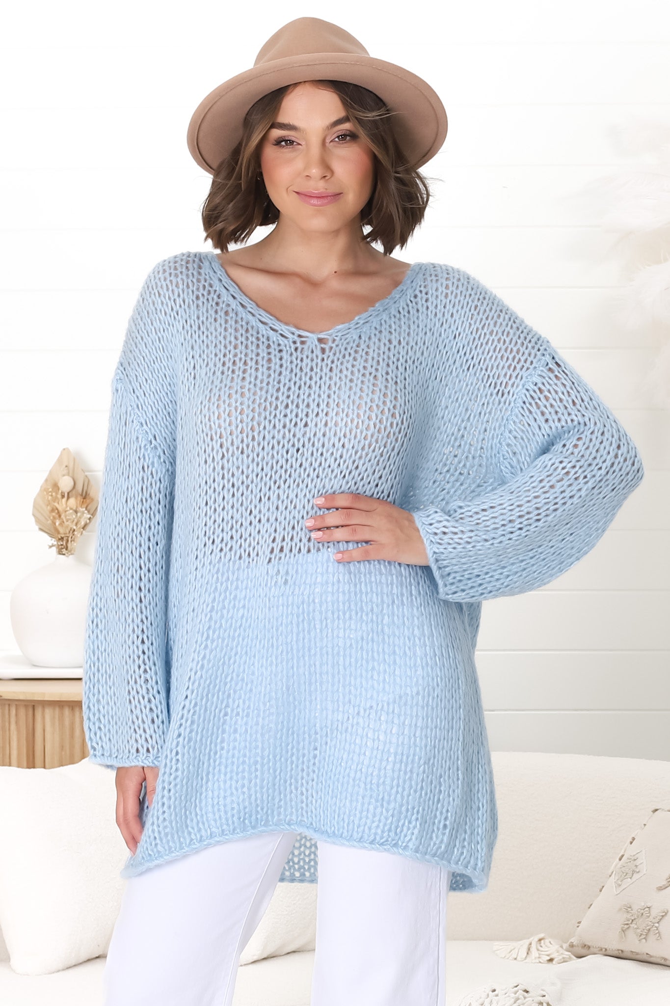 Connie Jumper - Open Knit V Neck Jumper in Blue