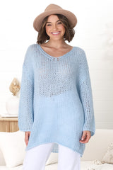 Connie Jumper - Open Knit V Neck Jumper in Blue