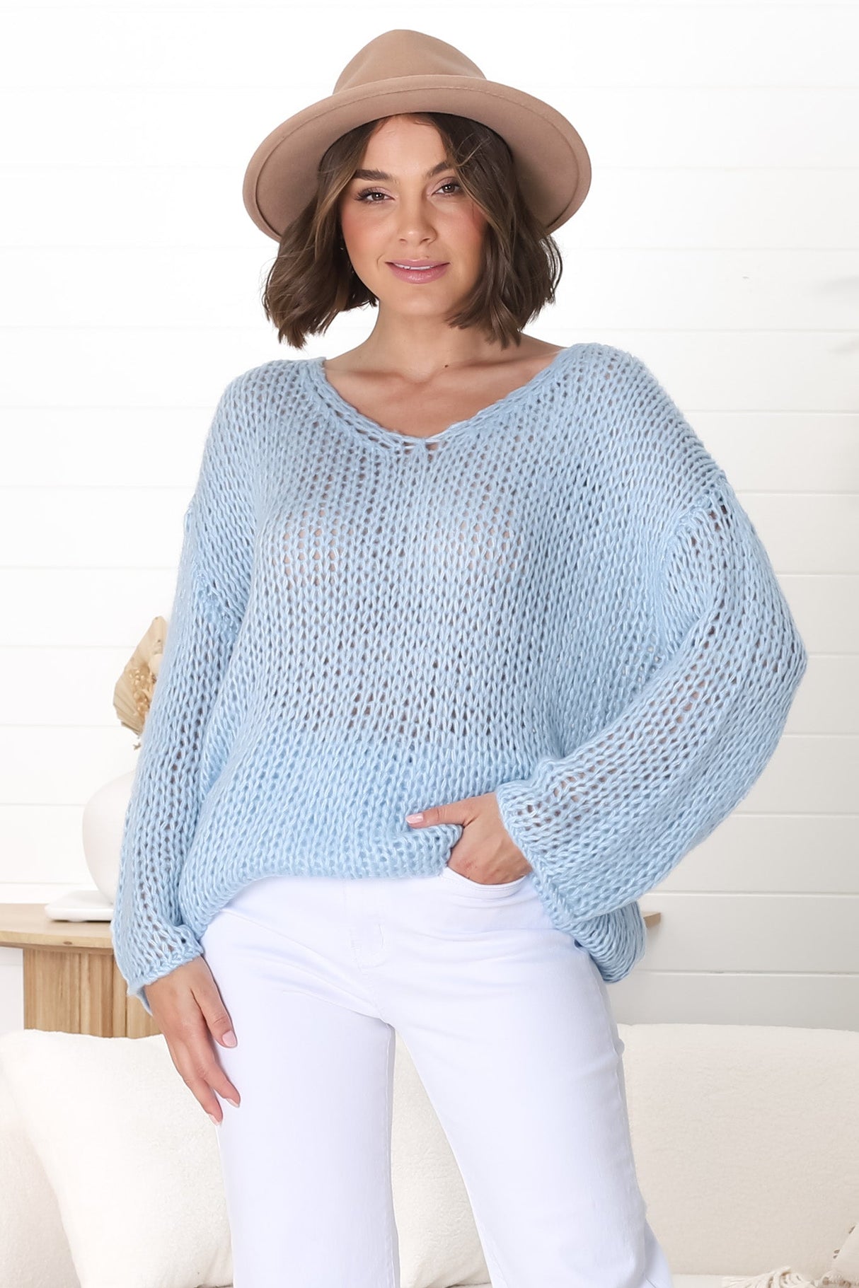 Connie Jumper - Open Knit V Neck Jumper in Blue