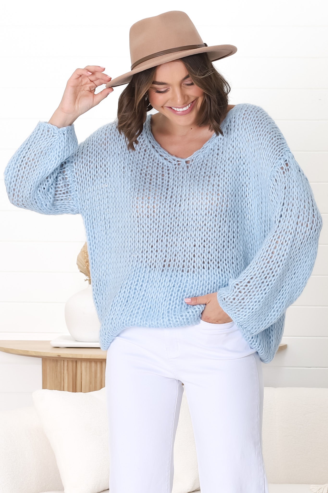 Connie Jumper - Open Knit V Neck Jumper in Blue