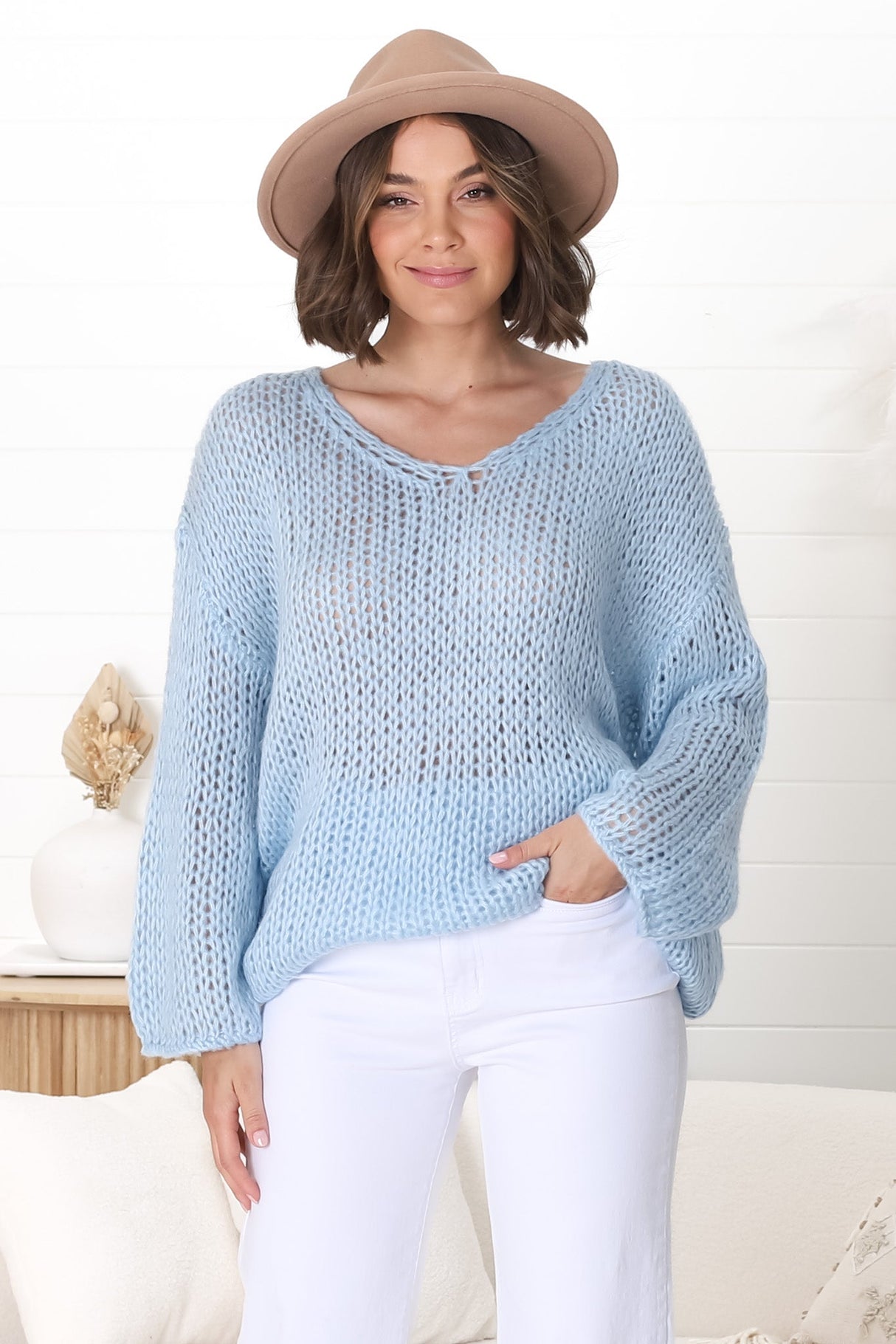 Connie Jumper - Open Knit V Neck Jumper in Blue